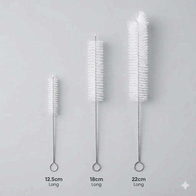 Three bottle brushes of different lengths on a gray background