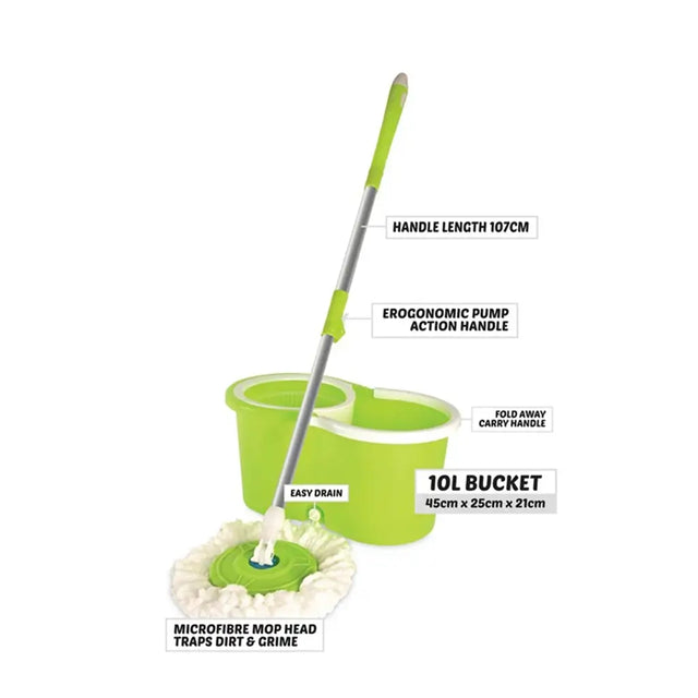 Green mop and bucket set with features highlighted on a white background