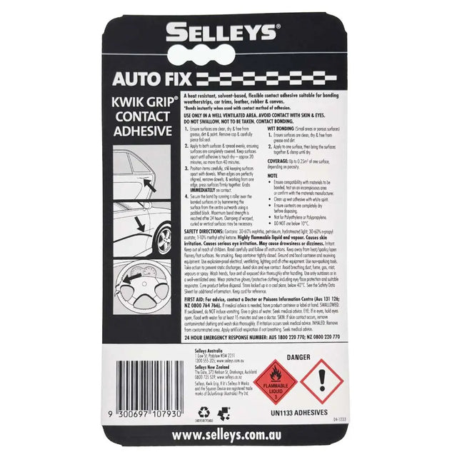 Selleys Auto Fix Kwik Grip Contact Adhesive packaging with text and graphics on a white background