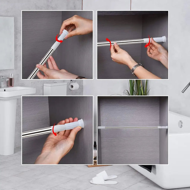 Step-by-step installation guide for a shower curtain rod in a bathroom setting.