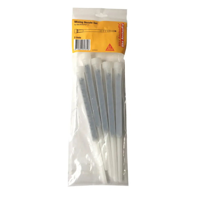 Packaged set of mixing nozzles with a visible brand label on a white background