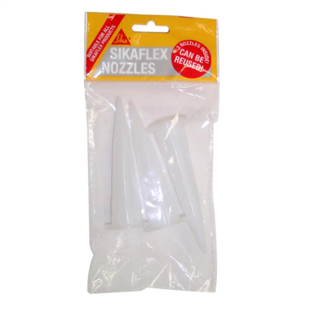 Packaged Sikaflex nozzles with clear plastic packaging on a white background