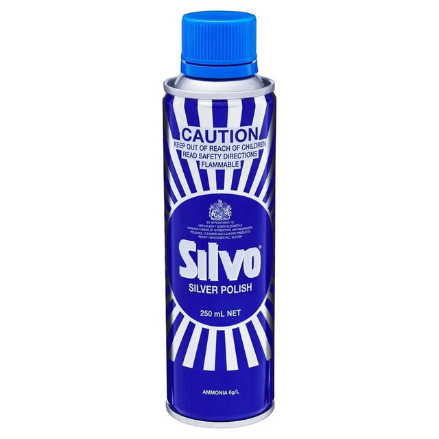 Silvo silver polish can with blue cap and label on a white background