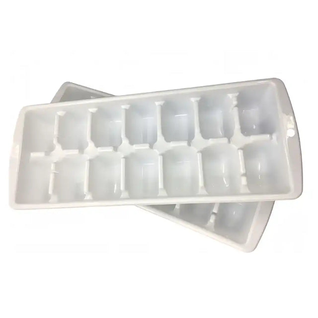 Two white plastic ice cube trays with rounded corners, one partially stacked on top of the other, shown against a plain white background.