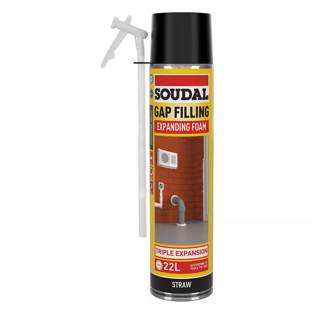 Soudal gap filling expanding foam can on a white background