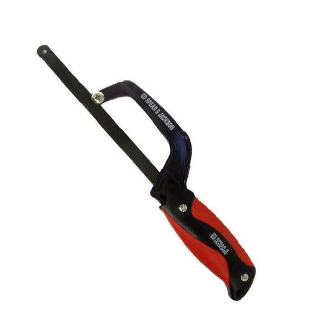 Hacksaw with black and red handles on a white background