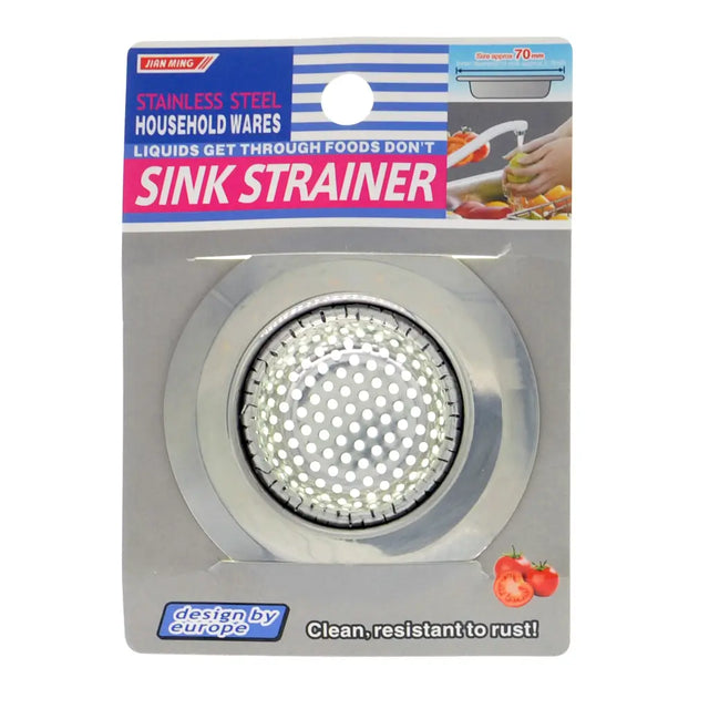 Sink strainer in packaging with brand logo and product details.