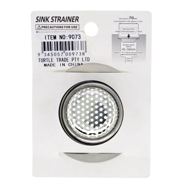 Sink strainer in packaging with branding and product details.