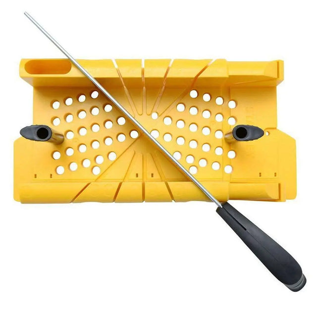Yellow plastic tool with a long metal rod on a white background