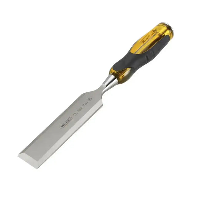 Chisel with a yellow and black handle on a white background