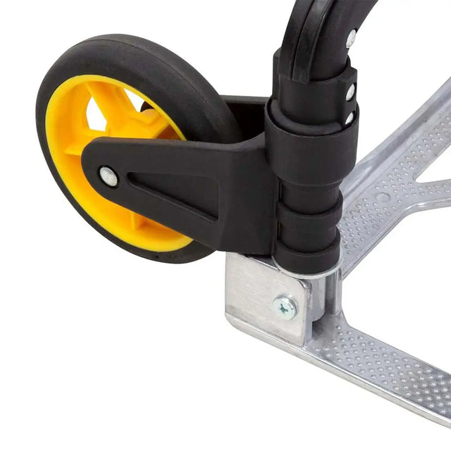 Close-up of a scooter with a yellow wheel on a white background