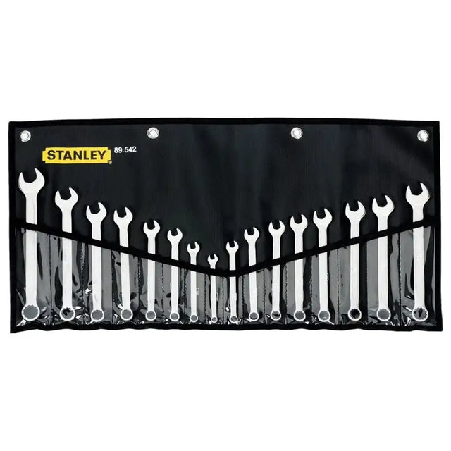 Set of wrenches in a Stanley tool roll on a white background