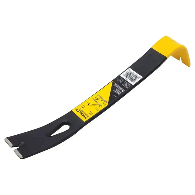 Black and yellow crowbar tool on a white background