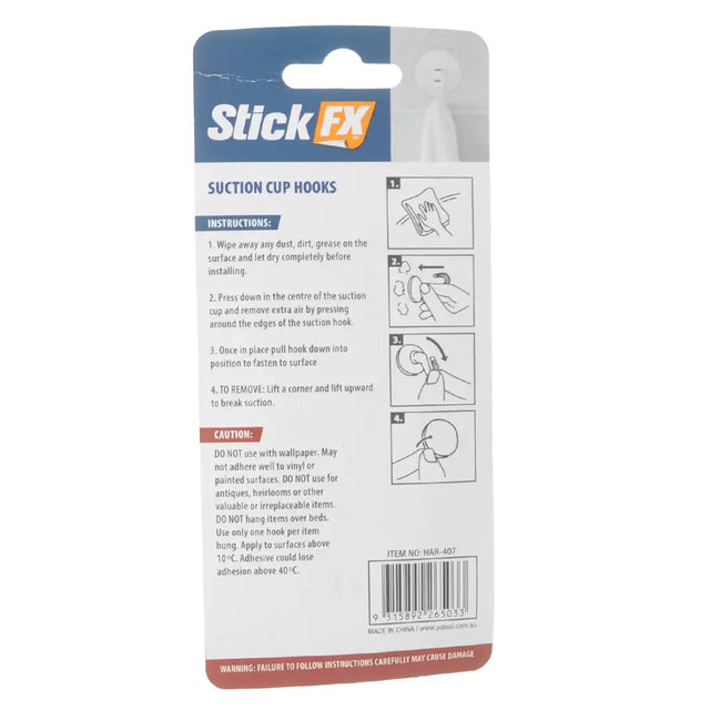 Packaging of Stick FX suction cup hooks with instructions and branding.