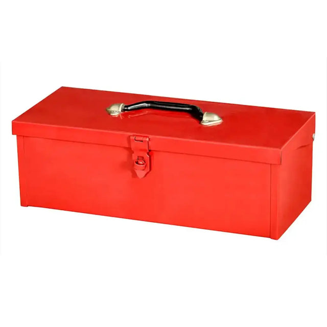 A bright red metal toolbox with a black carrying handle and silver-toned latch, shown on a plain white background.