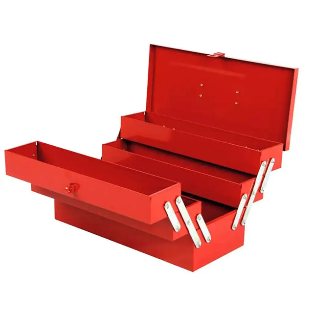A red metal toolbox with multiple nested drawers and compartments, shown open on a plain white background.