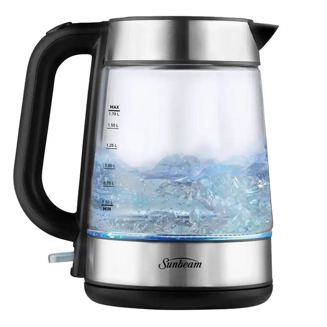 Sunbeam Capri Glass Kettle KE6150 boiling water with blue illumination and visible steam