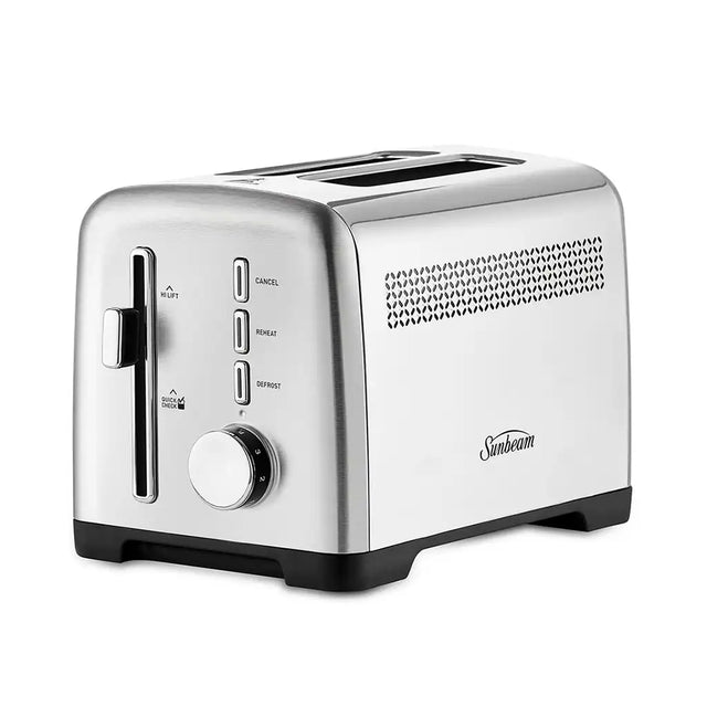 Silver toaster with brand logo on a white background