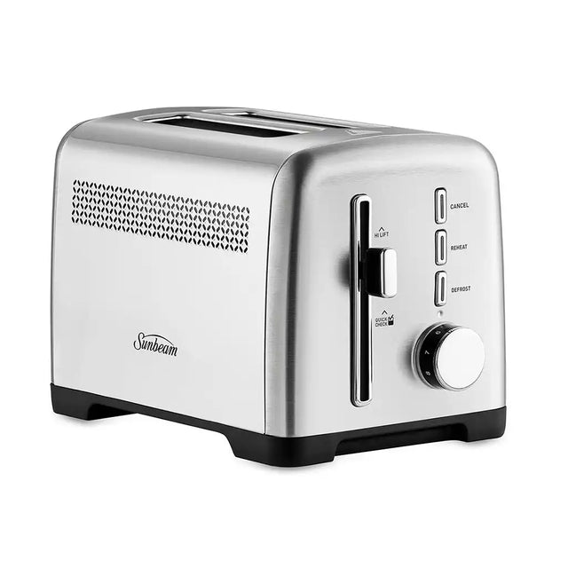 Silver toaster with brand logo on a white background