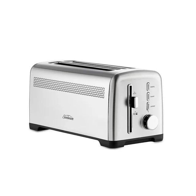 Silver toaster with a brand logo on a white background