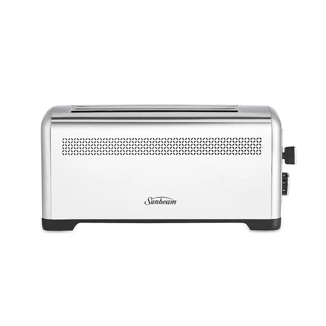 Silver toaster with 'Sunbeam' branding on a white background