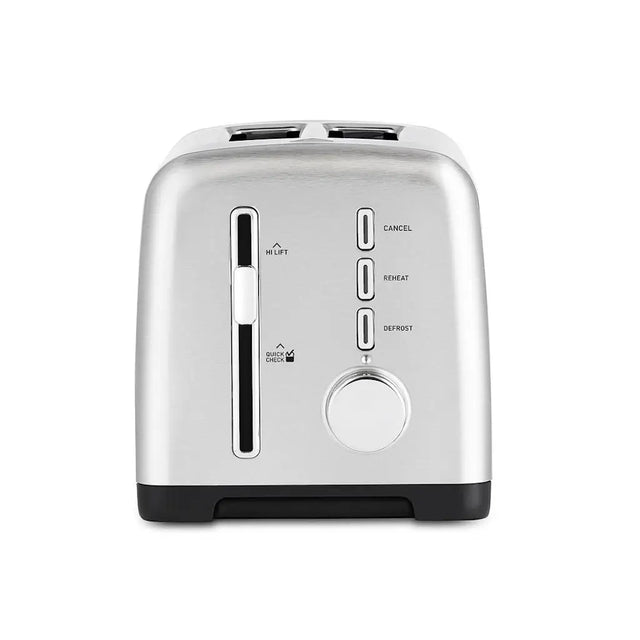 Silver toaster with control panel on a white background
