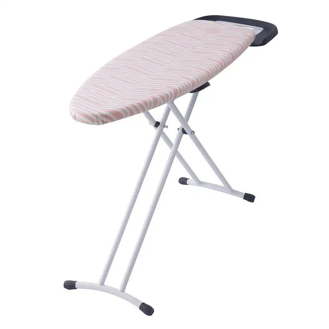 Foldable ironing board with striped cover on a white background