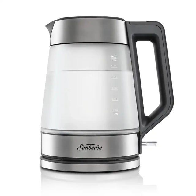 Silver and black electric kettle with 'Sunbeam' branding on a white background