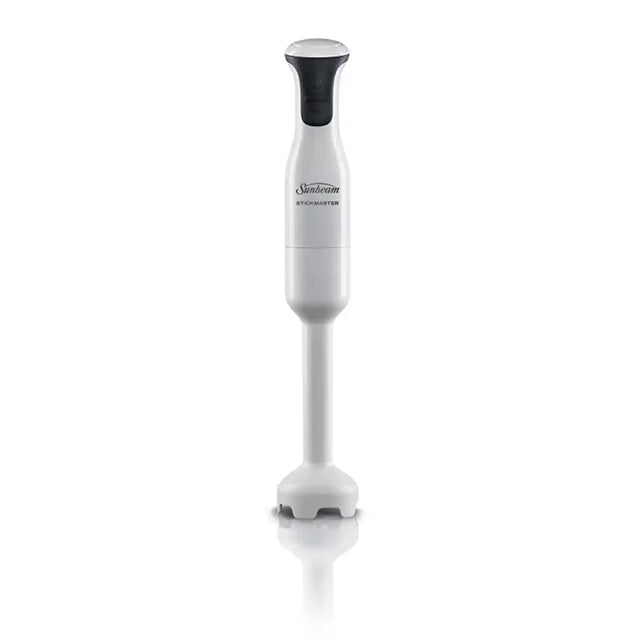White immersion blender with black top on a white background