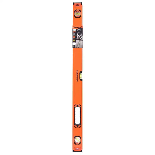 Orange level tool with a white background
