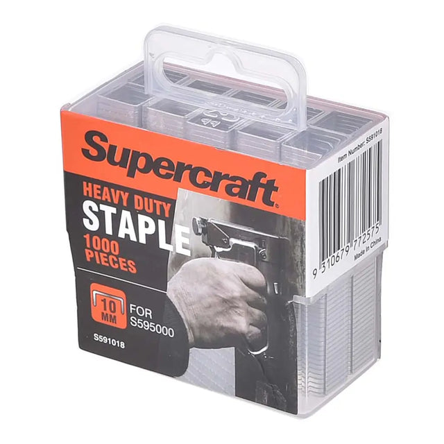 Supercraft heavy-duty staple box with a hand holding a staple gun on a white background