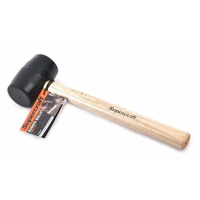 Rubber mallet with wooden handle and Supercraft branding on a white background