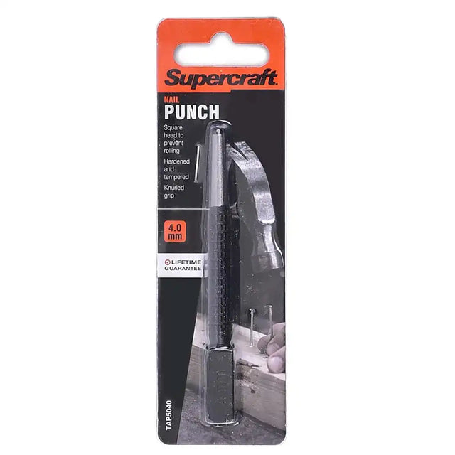 Supercraft 4mm chrome molybdenum nail punch with knurled grip on a white background