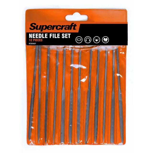 Supercraft needle file set packaging with 12 files on an orange background