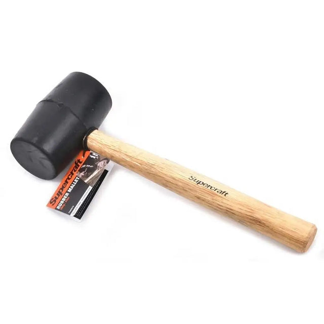 Rubber mallet with wooden handle and Supercraft branding on a white background