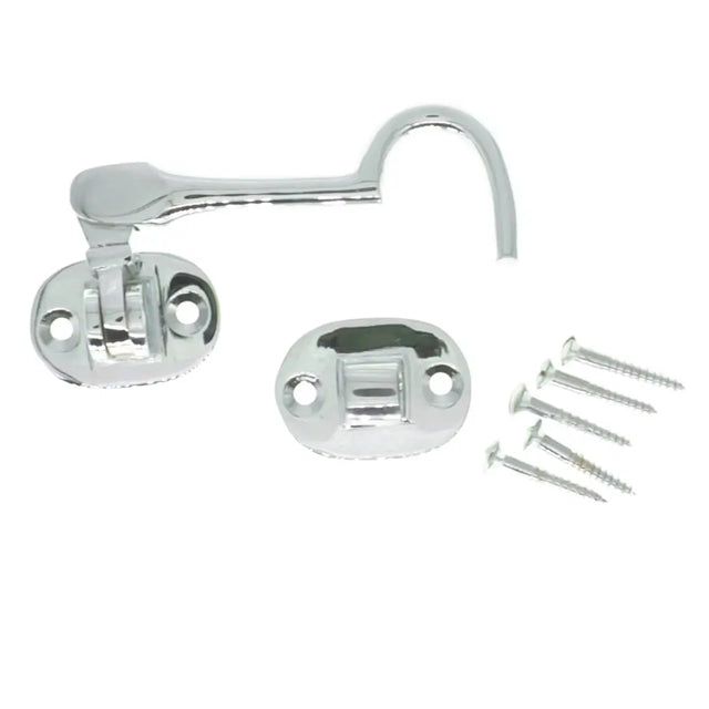 Chrome shower hook with mounting plate and screws on a white background