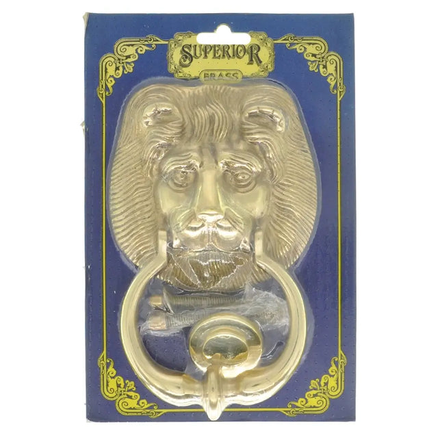 Brass lion head door knocker on a blue and gold packaging