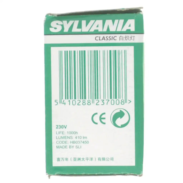 Sylvania light bulb packaging with barcode and CE logo on a white background