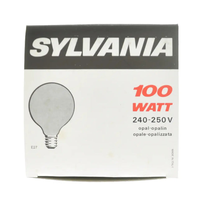 Sylvania 100 watt light bulb packaging on a white background