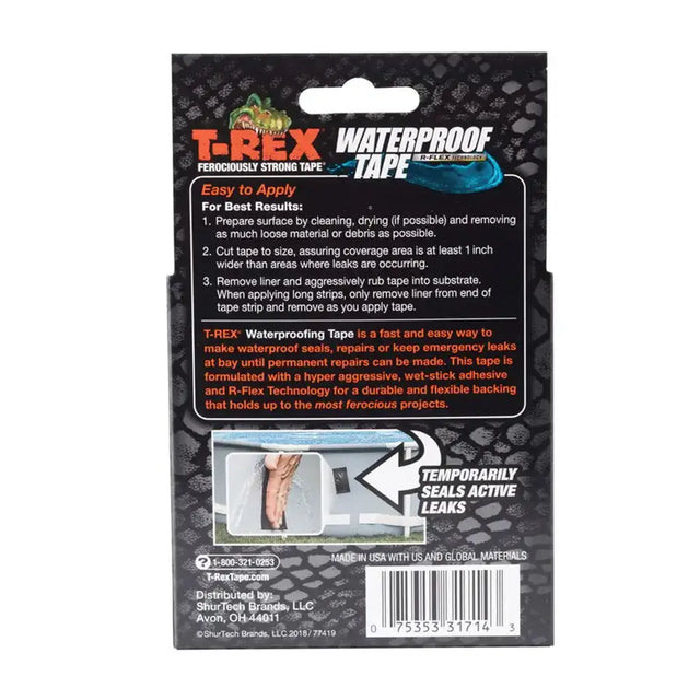 T-Rex Waterproof Tape packaging with application instructions on a white background