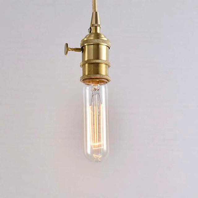 Vintage-style brass pendant light with clear glass bulb on a plain background