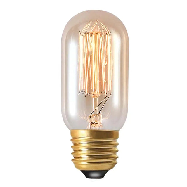 Vintage-style light bulb with clear glass and gold base on a white background