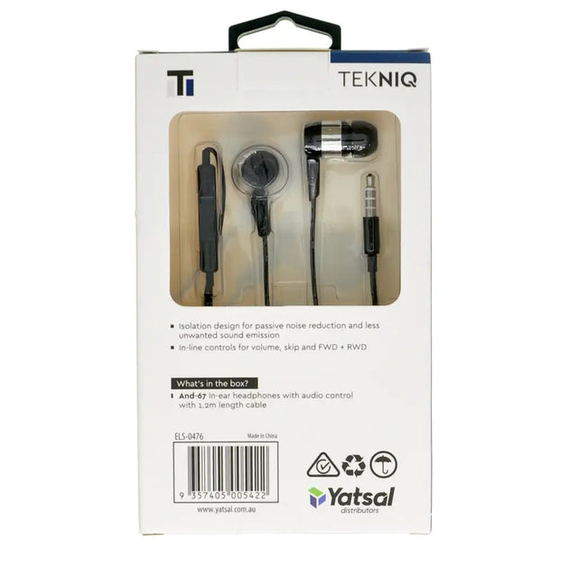 Tekniq headphones in packaging with brand logo and product details.
