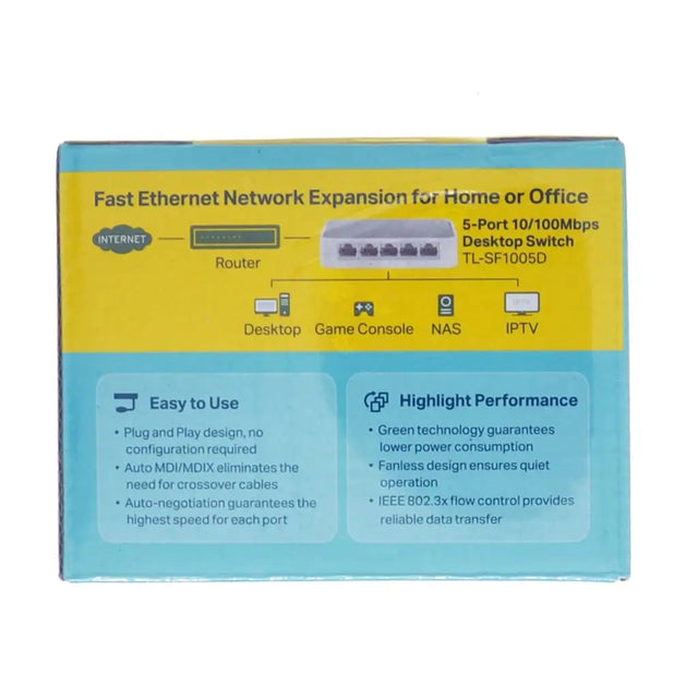 Network switch packaging with text on a white background