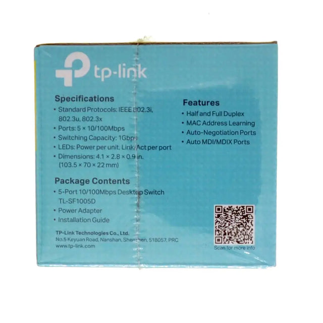 TP-Link packaging with specifications and features on a blue background