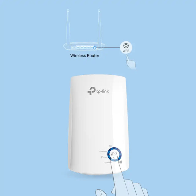 TP-Link wireless router with WPS button on a blue background