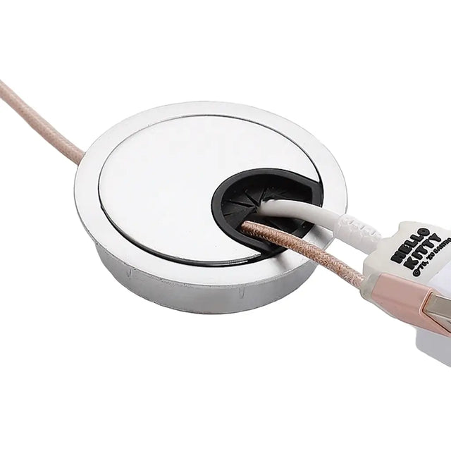 Close-up of a cable management product with a white base and pink cable on a white background