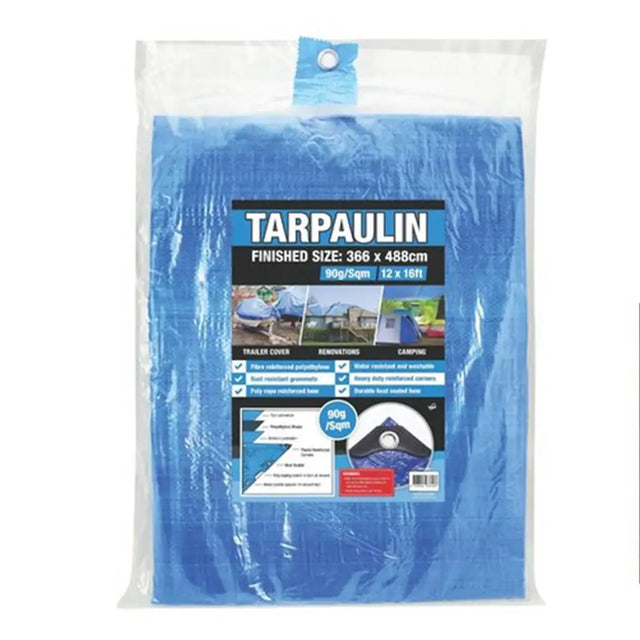 Blue tarpaulin packaging with text and images on a white background