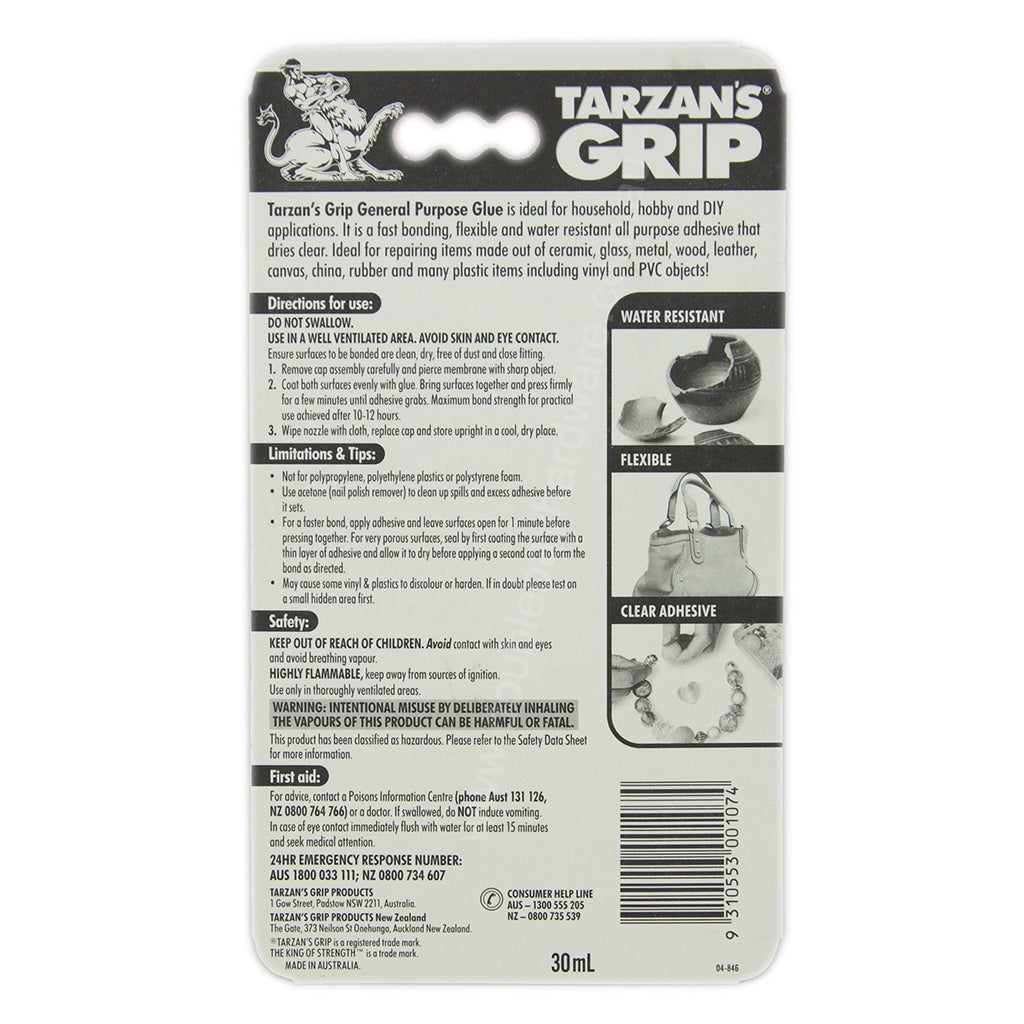 Tarzans Grip General Purpose Glue 30ml For Vinyl,Metal,Wood,Canvas,Plastic