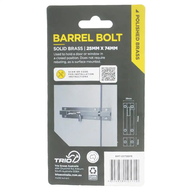 Packaging of a barrel bolt with TRIO branding on a white background